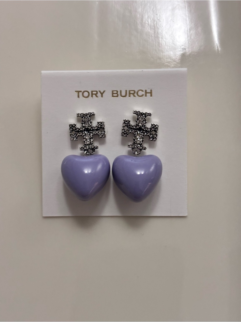 Tory Burch Lavender Heart Drop Earrings with Crystal Logo